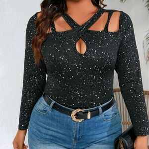 SHEIN Women's Black with Silver Metallic Speckled Cut-Out Top Size 1XL NWOT